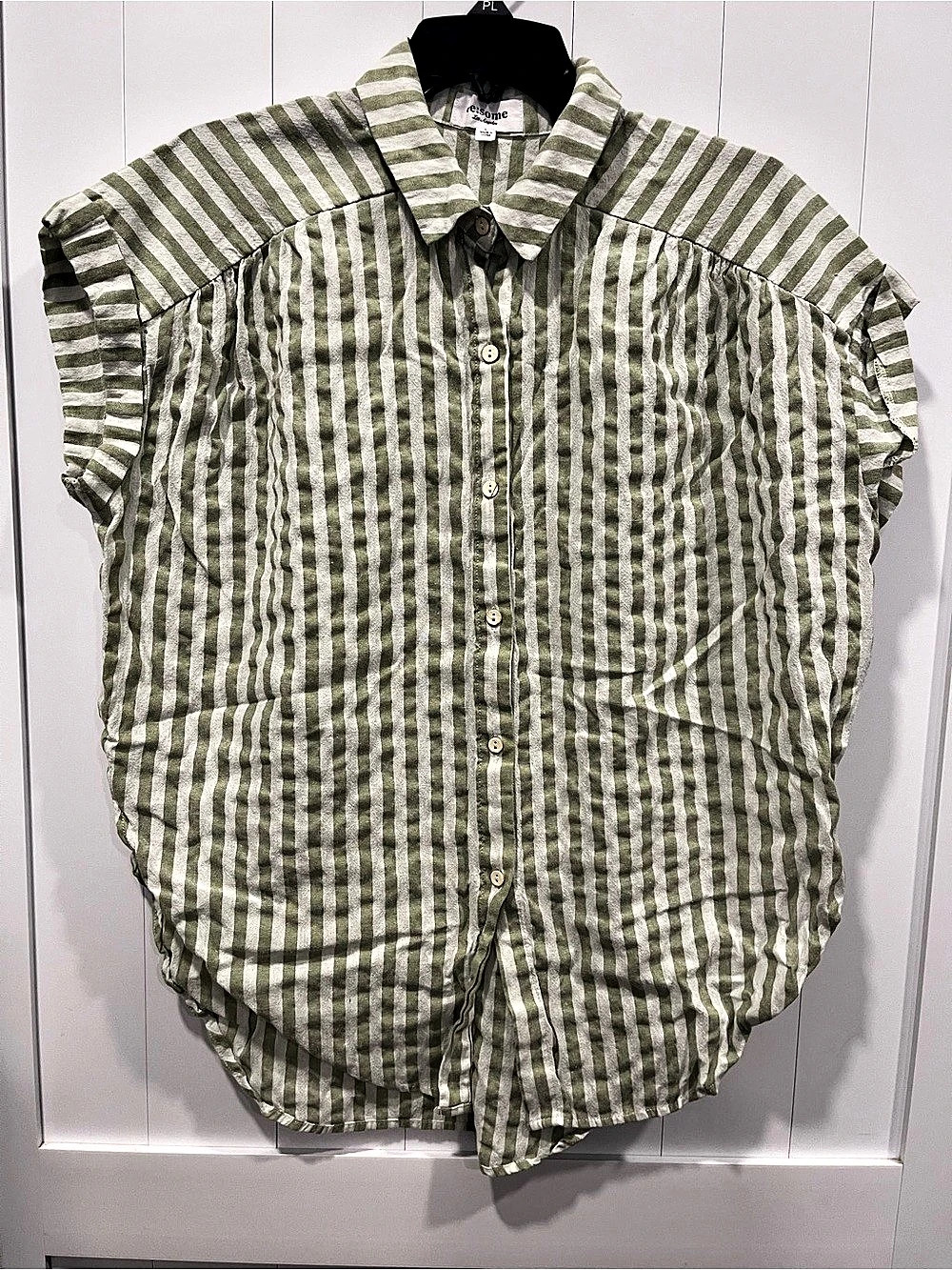 re:some Striped Button Front Top in Green & White